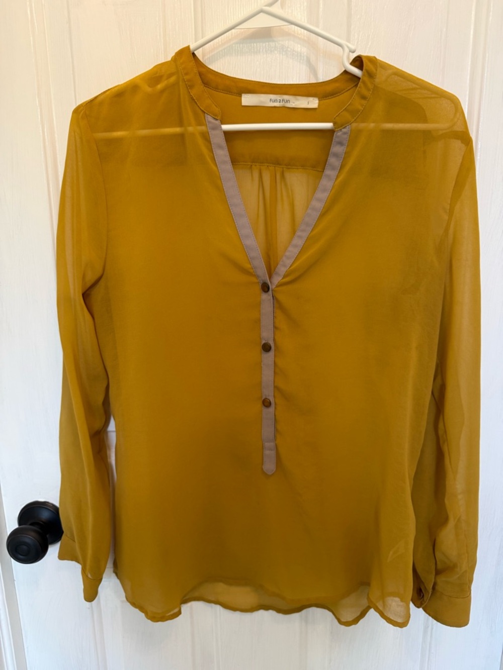- Mustard Button-Front Long Sleeve Sheer Blouse